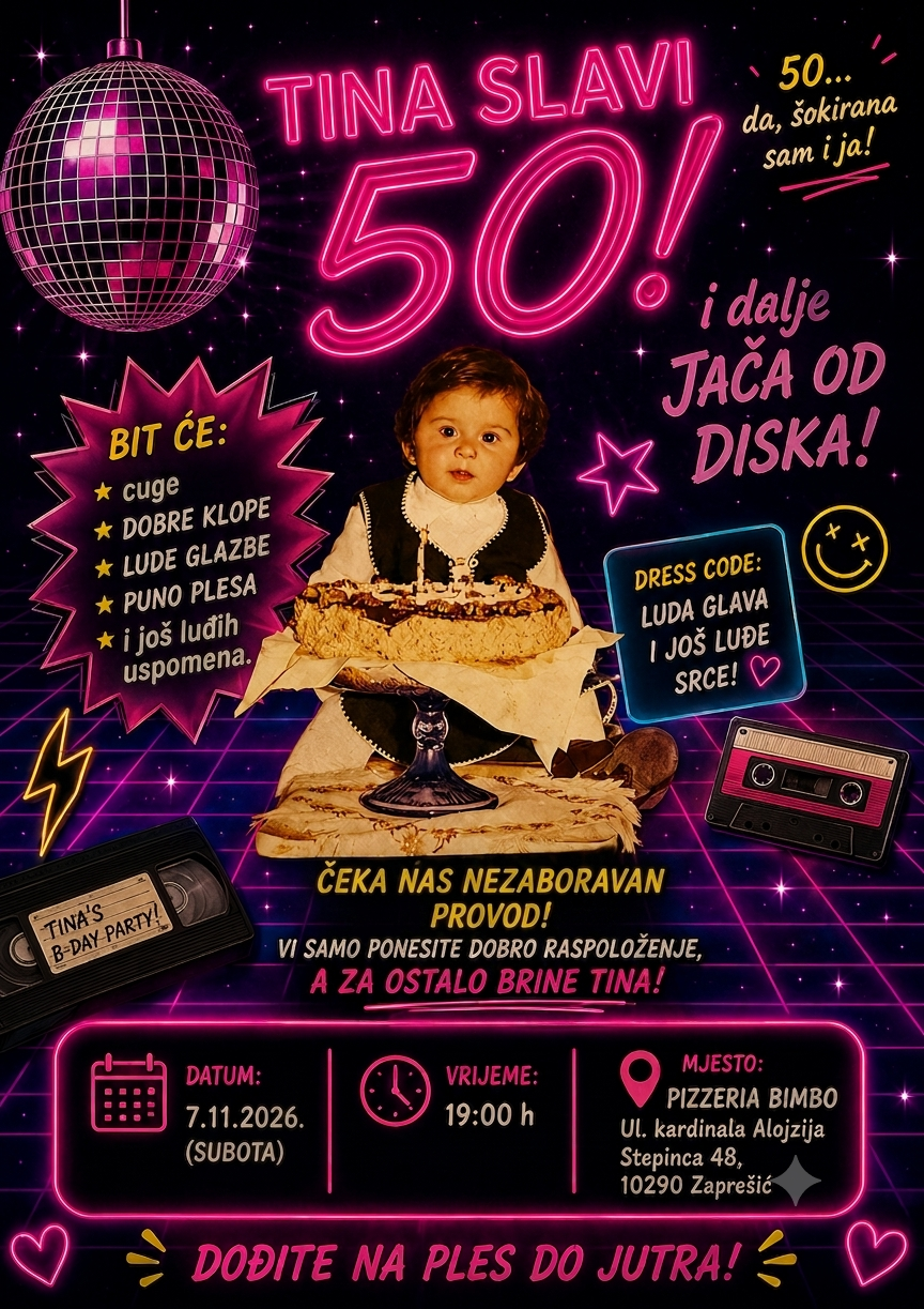 Neonska pozivnica za Tinin 50. rođendan, 7.11.2026. u 19:00 u Zaprešiću